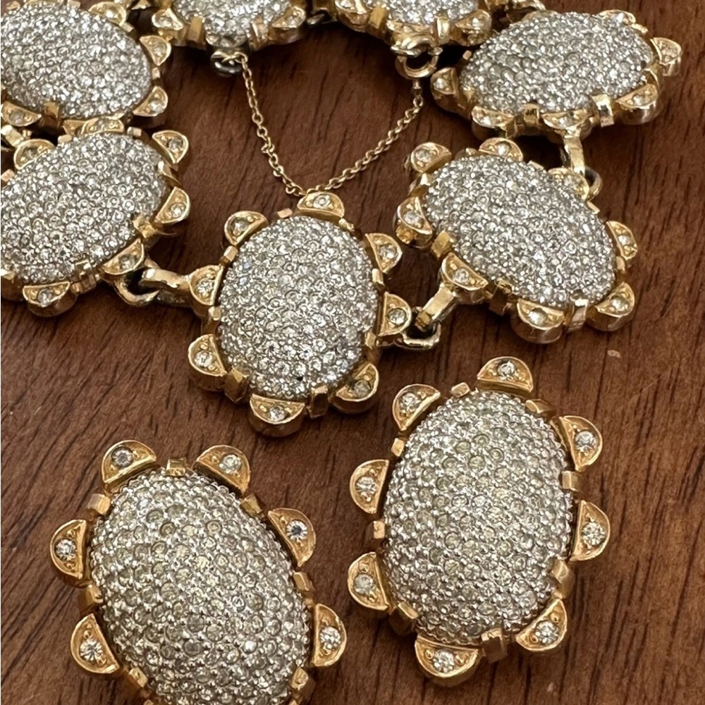 Nettie Rosenstein Gold Tone  Rhinestone Bracelet & Earrings Vintage Glam Signed